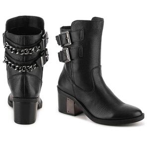 Fergie Wistful Black Moto Boots with Chain and Buckle Accents